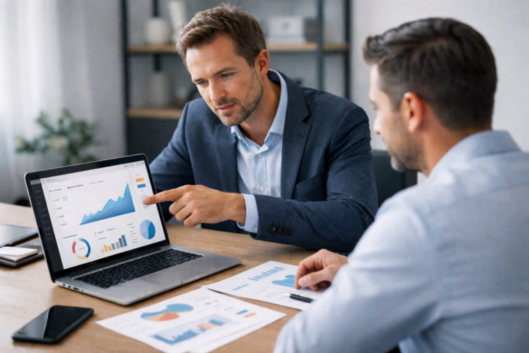 Consulente di marketing digitale che analizza la strategia con un imprenditore